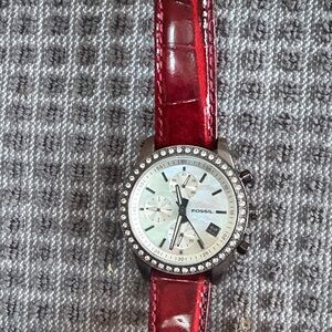 Fossil Red and Silver Watch with Leather Strap